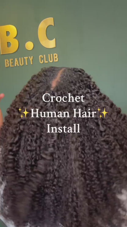 Feather Crochet Human Hair For Black Women 50g 16 Inch Bermese Curly Human Hair Crochet Bundles Pre-Separated Human Crochet Hair Wet And Wavy Invisible Crochet Hair Extensions Kit